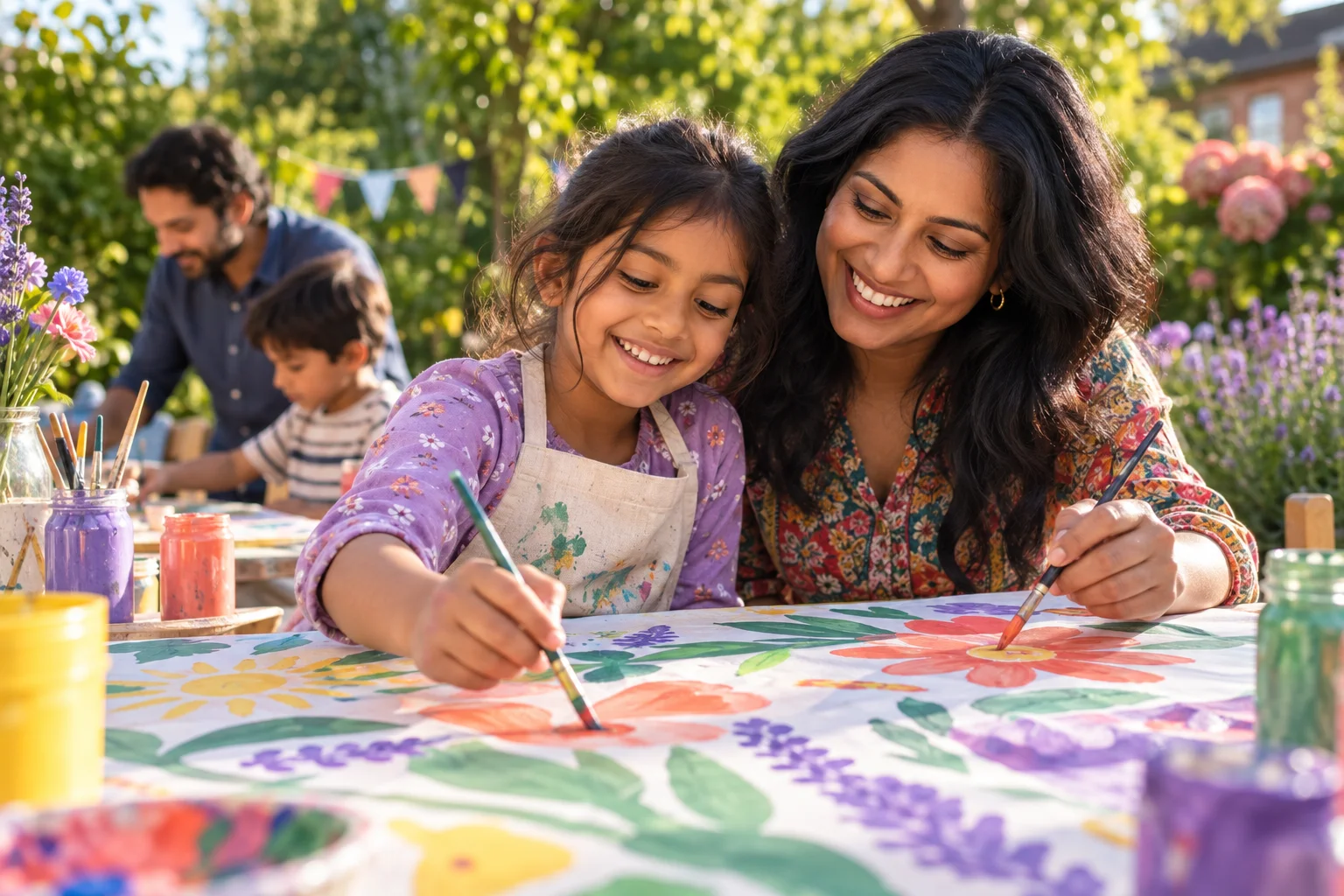 Illustrative parent and child making crafts in a community garden